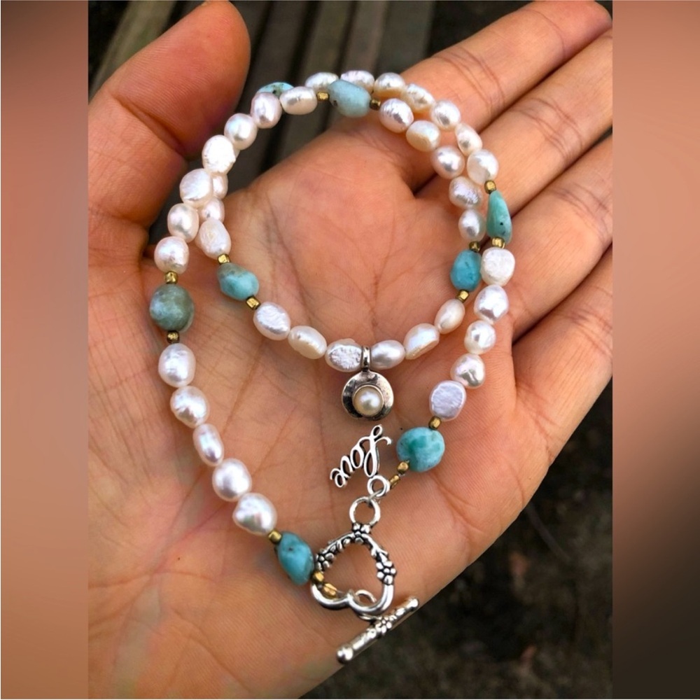 Artisan Larimar & Freshwater Pearl Choker • Sterling Pearl Charm • Handcrafted